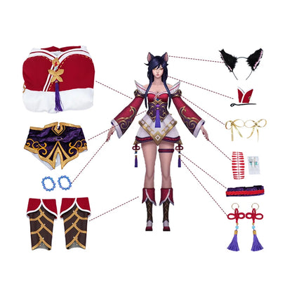 Game Nine-tailed Fox Ahri Cosplay Costume Ahri Cosplay Wig Game  Ahri Costume Women Red Dress Full Set