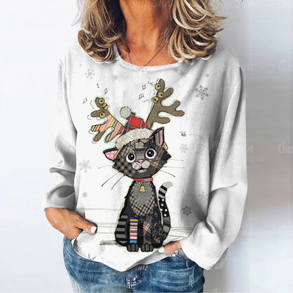 Print Long Sleeve T-Shirt For Women Kawaii Cute Tops Autumn Casual O-Neck T-Shirts Fashion Christmas Pullover Tee Shirt