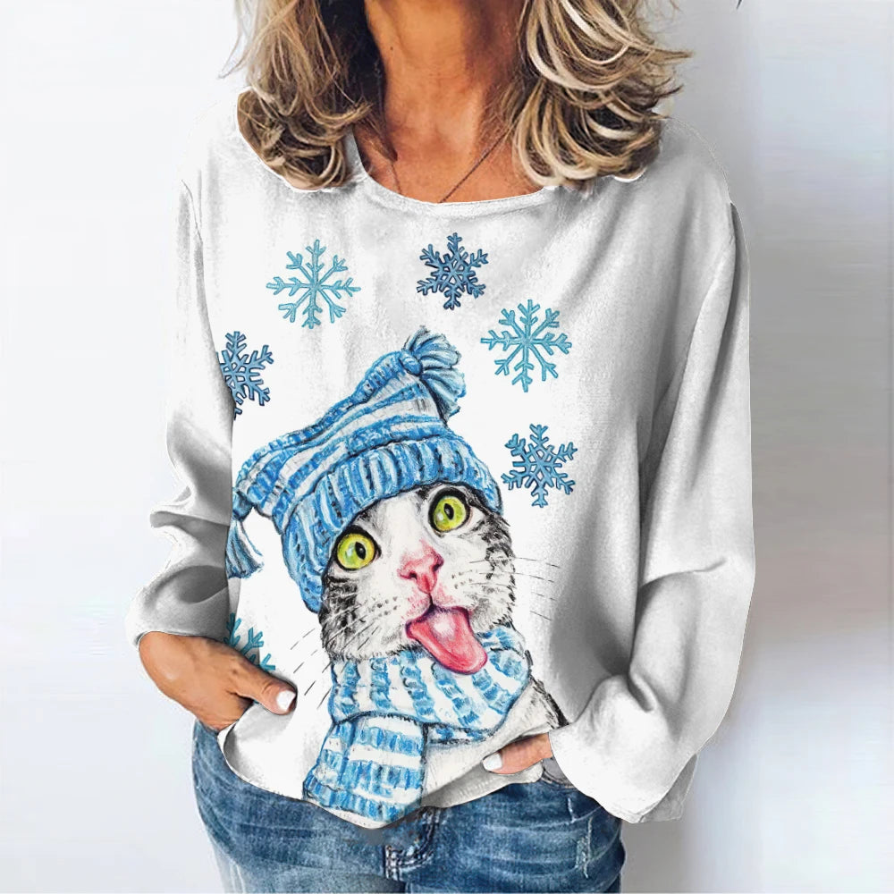 Print Long Sleeve T-Shirt For Women Kawaii Cute Tops Autumn Casual O-Neck T-Shirts Fashion Christmas Pullover Tee Shirt