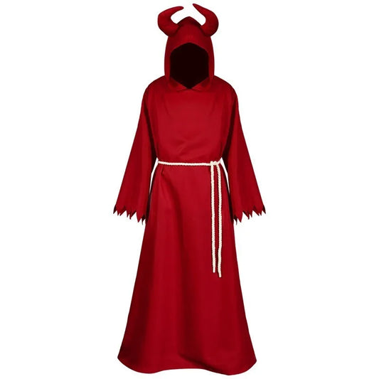 Red Devil Demon Grim Reaper Death Costume Halloween Gothic Hood Robe Dress Horror Satan Outfit Carnival For Men Women Adult