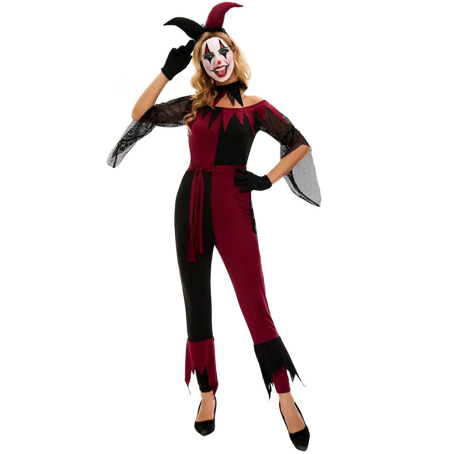 Red Evil Clown Cos Joker Halloween Carnival Party Terror Circus Clown Cosplay Costume Masquerade Clown Women Fancy Jumpsuit