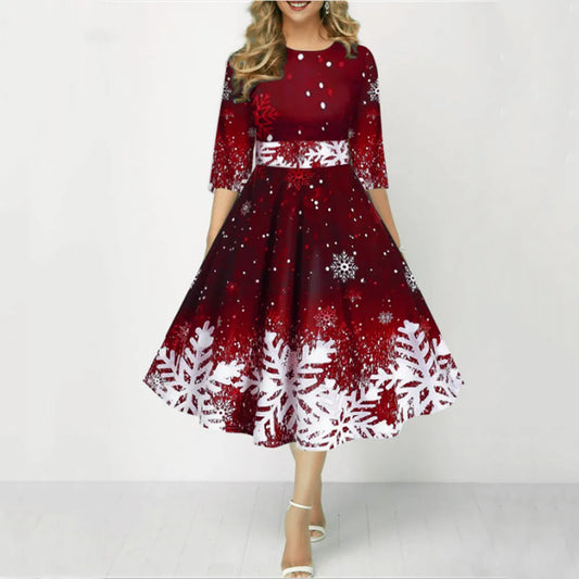 Round Neck Waisted Christmas Fashion Pullover  Autumn/Winter Snowflake Print Medium Sleeved Waistband Women's Dress