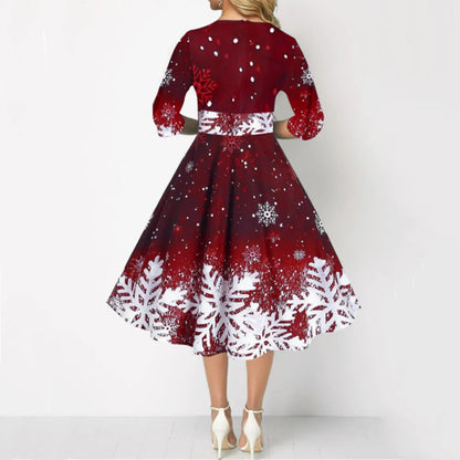 Round Neck Waisted Christmas Fashion Pullover  Autumn/Winter Snowflake Print Medium Sleeved Waistband Women's Dress