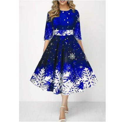 Round Neck Waisted Christmas Fashion Pullover  Autumn/Winter Snowflake Print Medium Sleeved Waistband Women's Dress