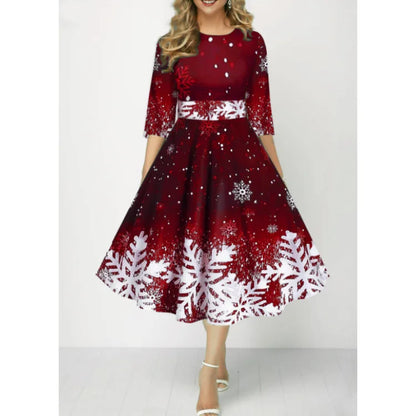 Round Neck Waisted Christmas Fashion Pullover  Autumn/Winter Snowflake Print Medium Sleeved Waistband Women's Dress