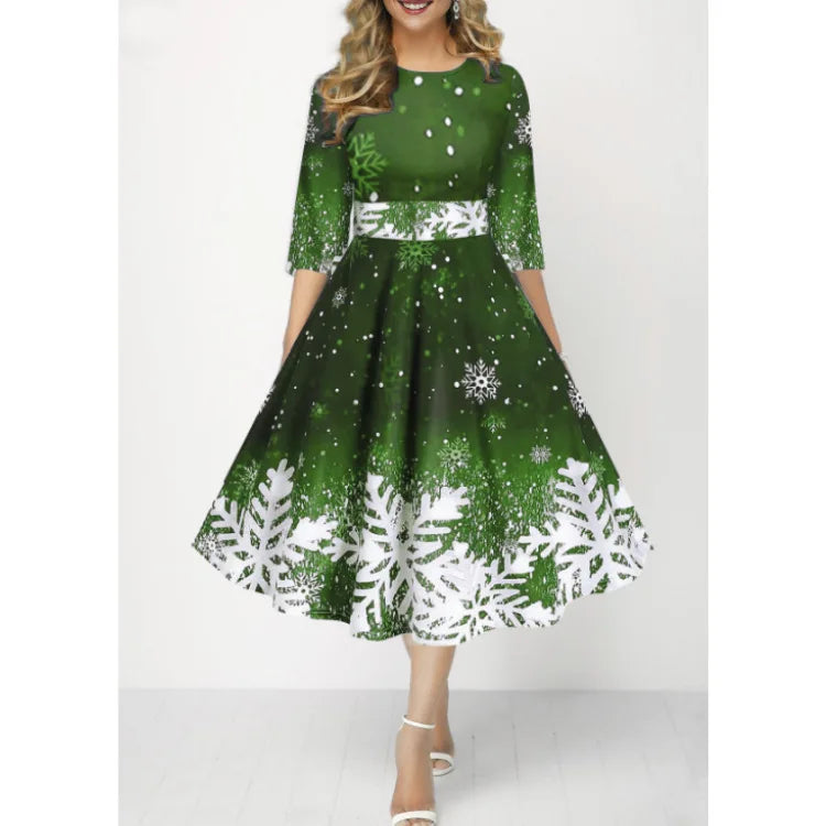 Round Neck Waisted Christmas Fashion Pullover  Autumn/Winter Snowflake Print Medium Sleeved Waistband Women's Dress