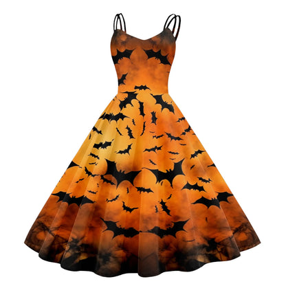 Vintage Swing Dress For Women Knee Length Halloween Print Sleeveless 1950s Housewife Evening Prom Dress Gothic Gown Vestidos