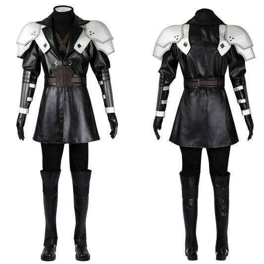 Teen Sephiroth Cosplay Costume Black Leather Fantasy Coat with Armor Accessories Custom Size Available