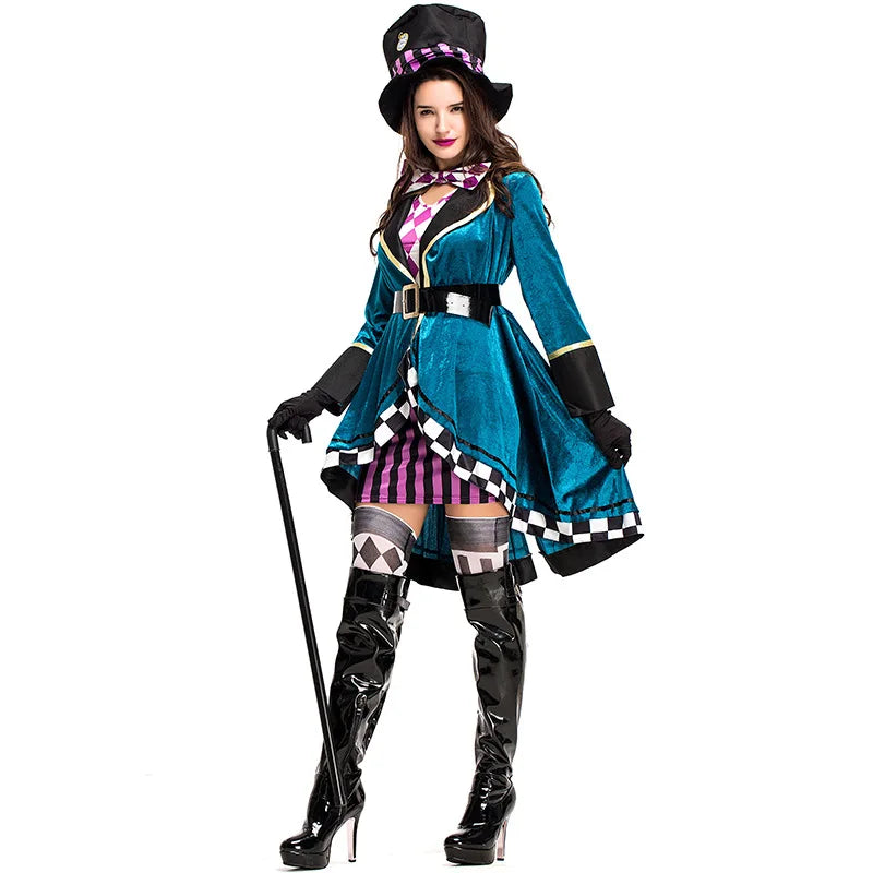 Adult Women Miss Mad Hatter Fancy Dress Halloween Gothic Deluxe Ladies Cosplay Fancy Dress with Hat Suit 40