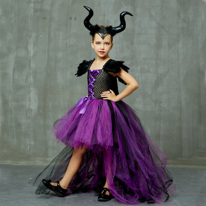 Maleficent Halloween Costume Maleficent Tulle Dresses Girls Cosplay Evil Queen Purple Mesh Princess Dress Kids Crow Wand