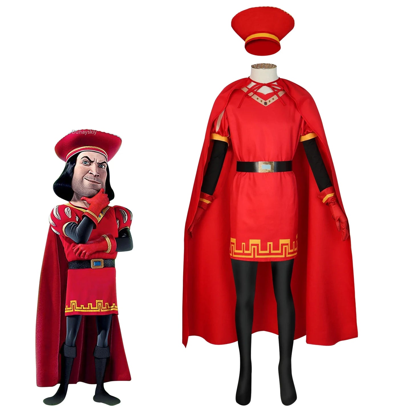 Lord Farquaad Cosplay Anime Costume Uniform Cloak Glove Hat Set Medieval Cosplay Halloween Party Red Outfit for Kid Women Men