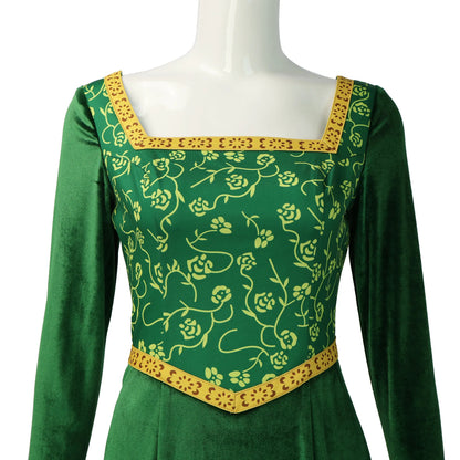 Shrek Cosplay Costumes Princess Fiona Printing Dress Women Sexy Square Neck Velvet Long Sleeve Dress Halloween Carnival Clothes