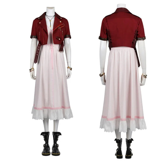 Woman FF7 Aerith Gainsborough Cosplay Costume Aerith Red Coat and Pink Dress Wig Boots Full Set and Individual Items