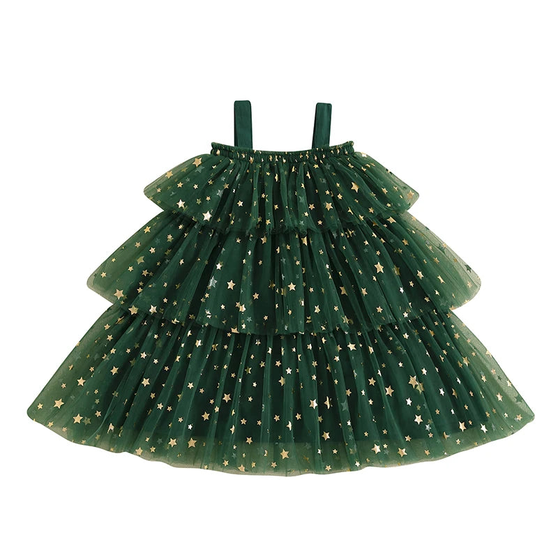 1-9Y 2 Colors Little Girls Christmas Dress Strap Sleeveless Star Print Lace Layered Tulle Sundress with Plush Ball Hat