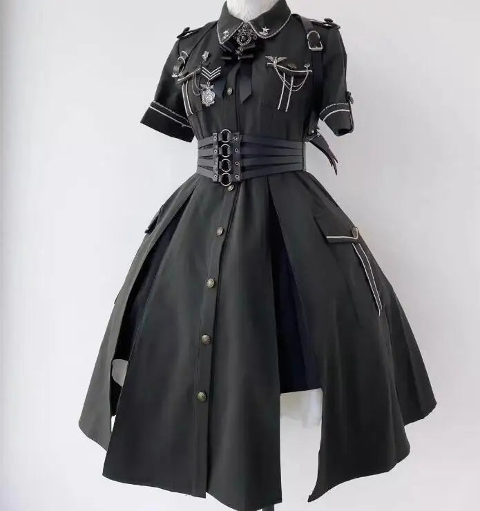 Military Lolita Dress Women Black Summer Gothic Include Badge