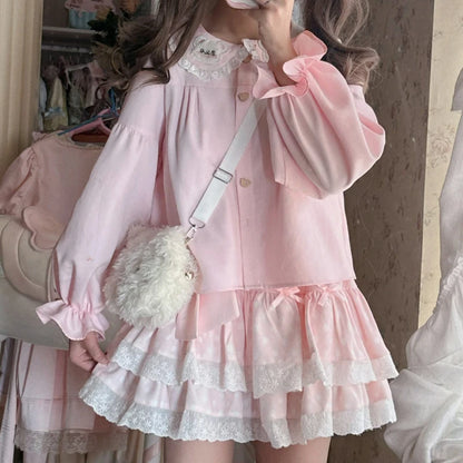 Japanese Cute Lolita Style Blouses Women Kawaii  Bear Ear Embroidery Peter Pan Collar Shirts Tops Sweet Puff Sleeve Blusas Mujer