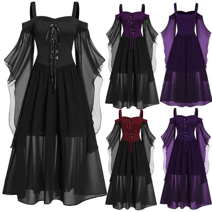 Gothic Witch Vintage Dress Women Sexy Hollow Out Lace Up High Waist Ruffle Trumpet Dress Off Shoulder Gothic Midi Dress Vestidos