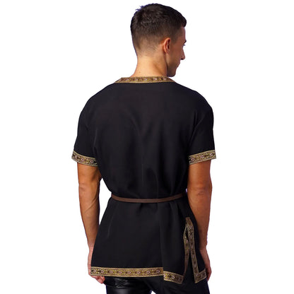 Mens Medieval Renaissance Viking Tunic Tops Halloween Party Roman Knight Cosplay Costumes Short Sleeve Retro Shirt Top with Belt