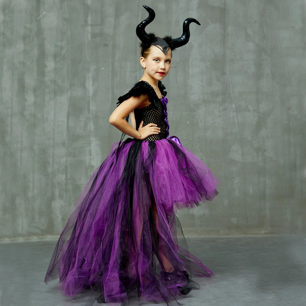 Maleficent Halloween Costume Maleficent Tulle Dresses Girls Cosplay Evil Queen Purple Mesh Princess Dress Kids Crow Wand