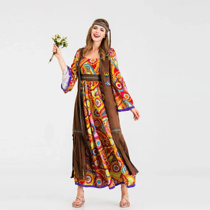 New Halloween Women's Hippie Cosplay Costume Adult 70'S Retro Disco Long Sleeve Printed Dress Vest Purim Party Role Play Suit