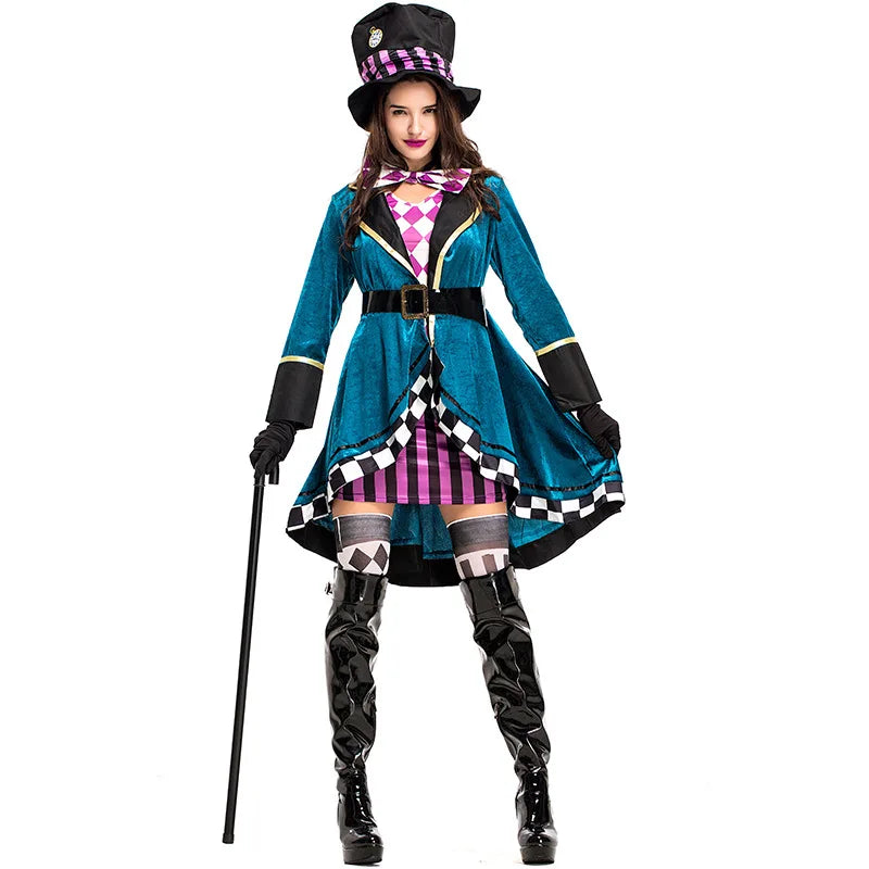 Adult Women Miss Mad Hatter Fancy Dress Halloween Gothic Deluxe Ladies Cosplay Fancy Dress with Hat Suit 40