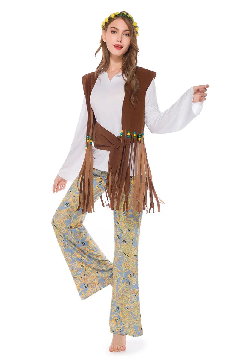 Halloween Couple Cosplay Clothing Vintage Indian Tassels Costumes Women Male Peace Love 60s 70s Hippie Costume Party Disguise