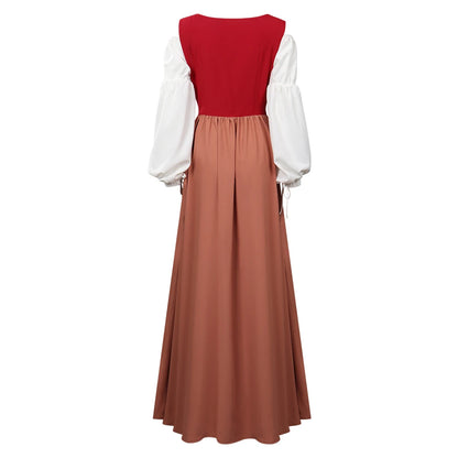 Women Renaissance Medieval Long Dress with Lace-Up Bodice and Puff Sleeves for Halloween and Costume Role Play