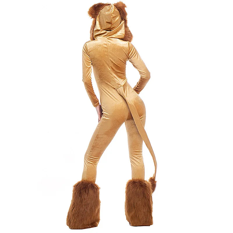 Animal Cartoon Lion Plush Hooded Jumpsuit With Tail+Leg Cover  Halloween Costume For Adult Women Lion King Cosplay