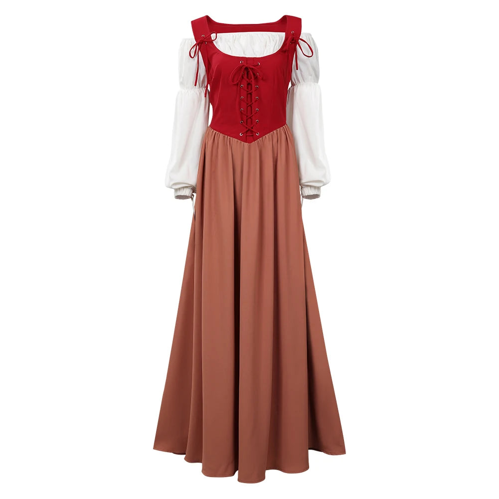 Women Renaissance Medieval Long Dress with Lace-Up Bodice and Puff Sleeves for Halloween and Costume Role Play