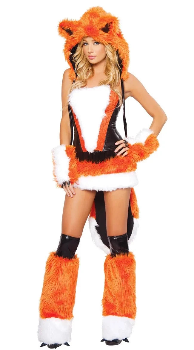 Women's Fluffy Fox Costume with Big Tail Halloween Party Animal Cosplay Fancy Dress