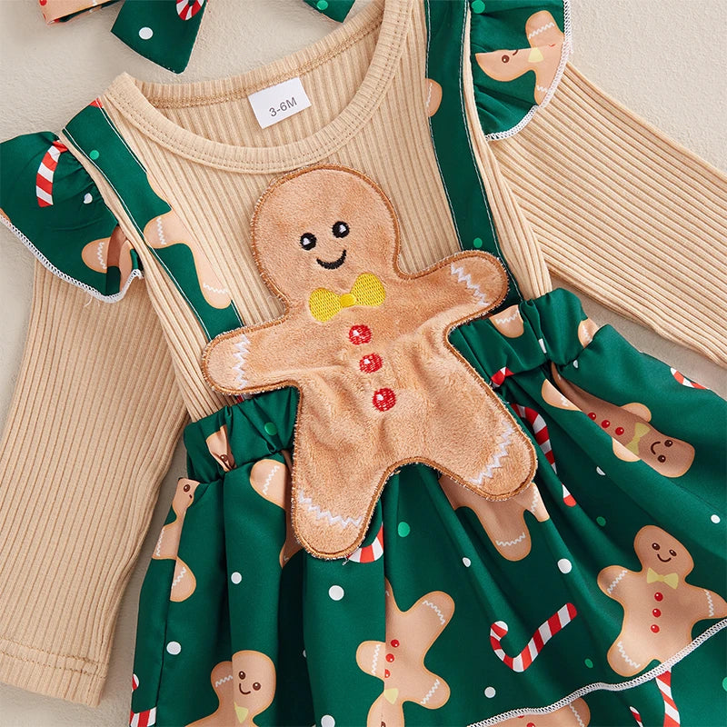 Baby Girls 2Pcs Christmas Outfits Long Sleeve Santa Gingerbread Romper Dress Headband Set Newborn Clothes