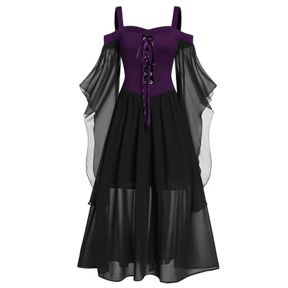 Gothic Witch Vintage Dress Women Sexy Hollow Out Lace Up High Waist Ruffle Trumpet Dress Off Shoulder Gothic Midi Dress Vestidos