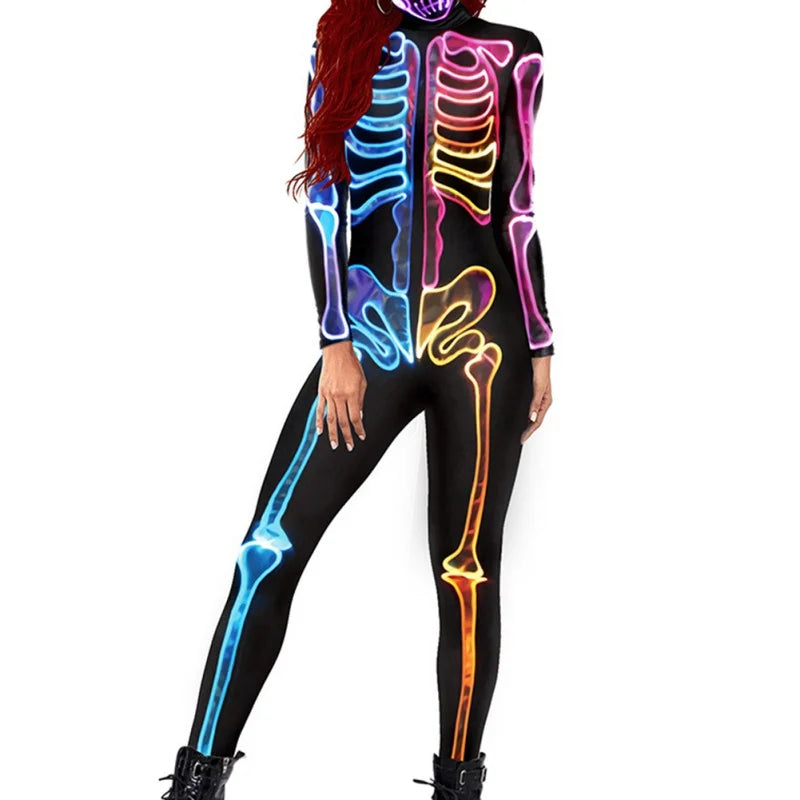 Women Long-sleeved Tight Jumpsuit Halloween Colorful Fluorescent Skeleton Print Tight Version Ladies Joint Sexy Club Clothes