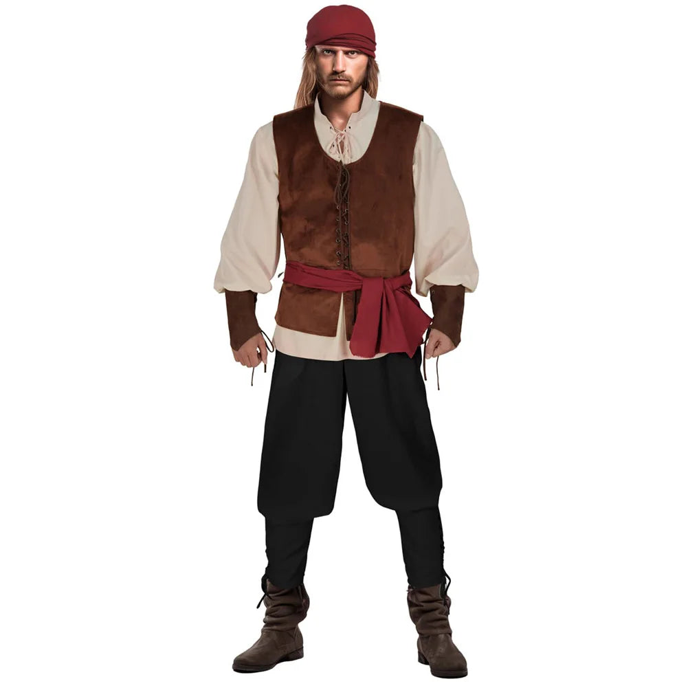 Fantasia Medieval Pirate Cosplay Hat Scarf Vest Clothing Retro Stage Disfraz Costume Men Fantasy Halloween Carnival Party Cloth