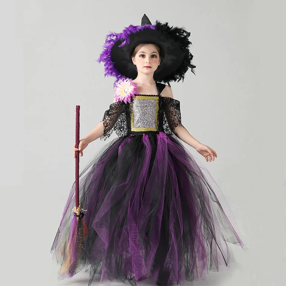 Kids Witch Costume Children Halloween Wizard Clothes Child Pageant Outfits Girls Fairytale Cosplay Tutu Dress Party Tulle Gown