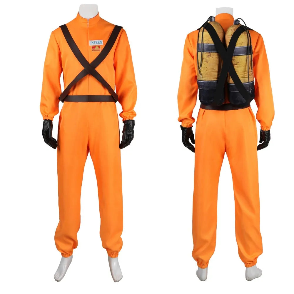 Lethal Company Cosplay Costume Orange Jumpsuit with Protective Harness and Mask Halloween Outfit