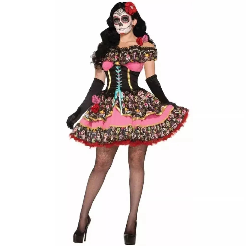 Women Mexican Day of The Dead Horror Zombie Skull Costume Adult Flower Fairy Ghosts Bride Cosplay Halloween Party Dress Up