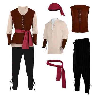 Fantasia Medieval Pirate Cosplay Hat Scarf Vest Clothing Retro Stage Disfraz Costume Men Fantasy Halloween Carnival Party Cloth