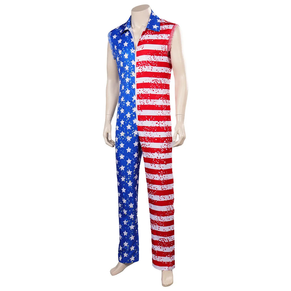 Star Stripes American Flag Jumpsuit with Headband Men's Halloween Cosplay Costume Party Outfit