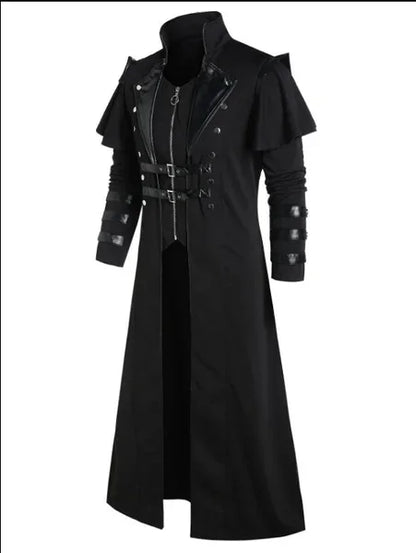 Gothic Black Long Split Jacket Steampunk Pirate Assassin Costume for Men