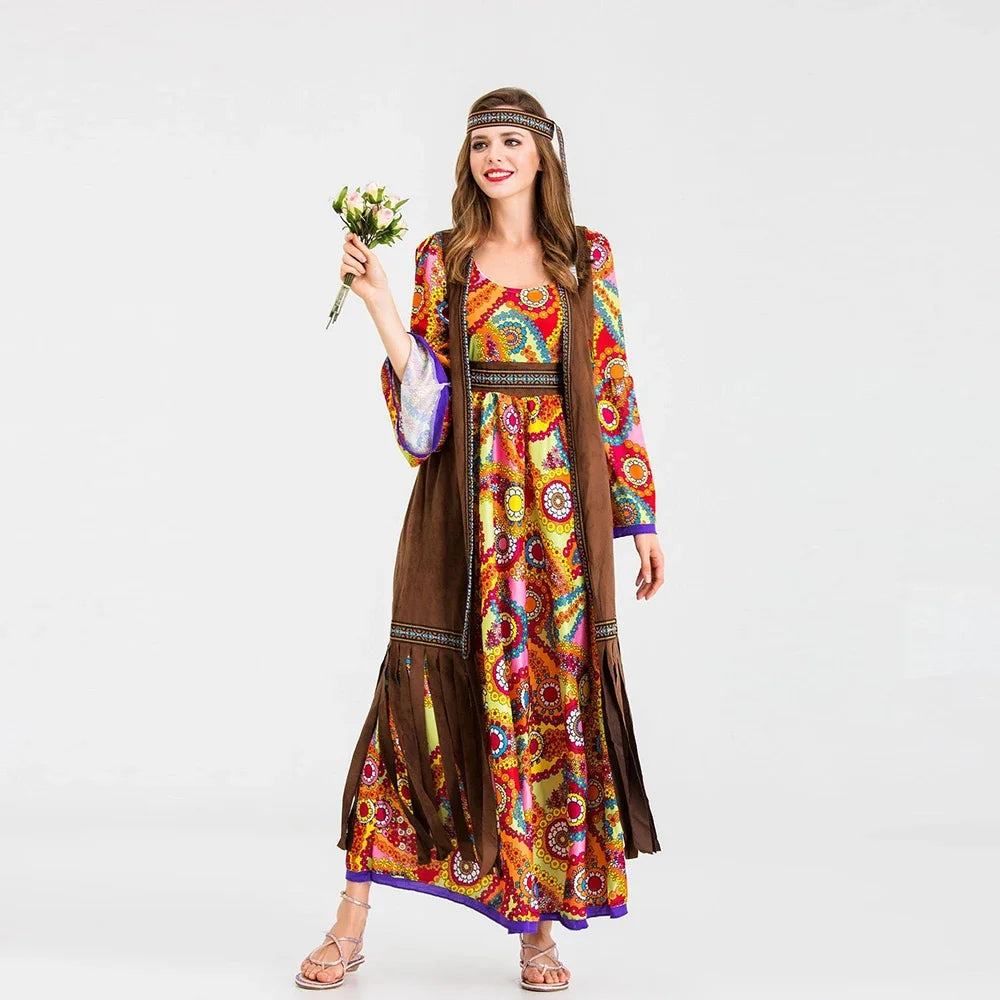 New Halloween Women's Hippie Cosplay Costume Adult 70'S Retro Disco Long Sleeve Printed Dress Vest Purim Party Role Play Suit