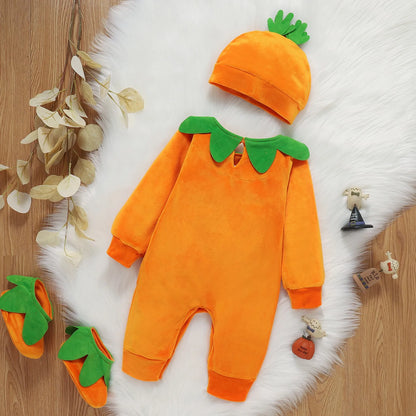 Children's Clothing Baby Jumpsuit Halloween Pumpkin Hat Long Sleeved Crawling Suit Zip up Baby Romper Fall Shirt for Baby Boy