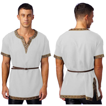 Mens Medieval Renaissance Viking Tunic Tops Halloween Party Roman Knight Cosplay Costumes Short Sleeve Retro Shirt Top with Belt