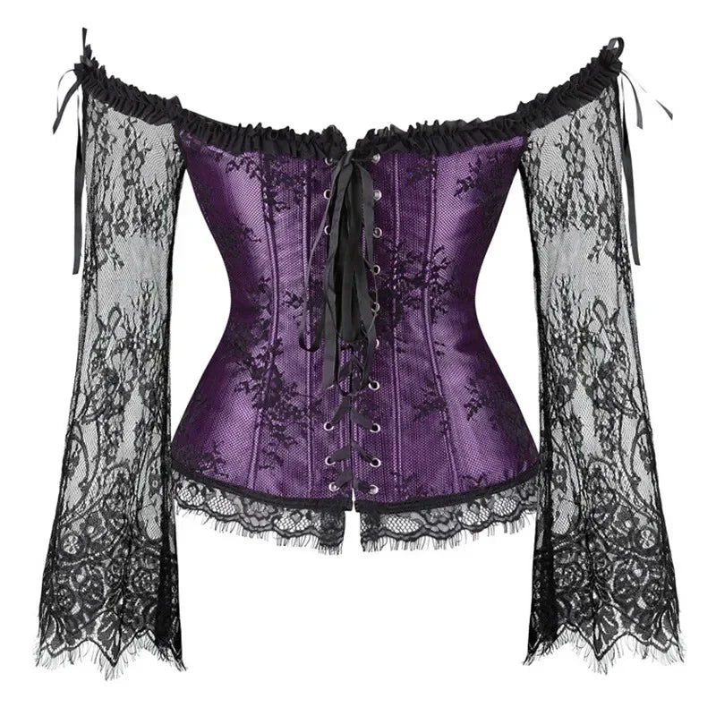 Women Sexy  Gothic Gorset Corset Bustier Lace Up Breathable Bodyshaper Corset Top With Sleeves Lace Waist Up Bustier