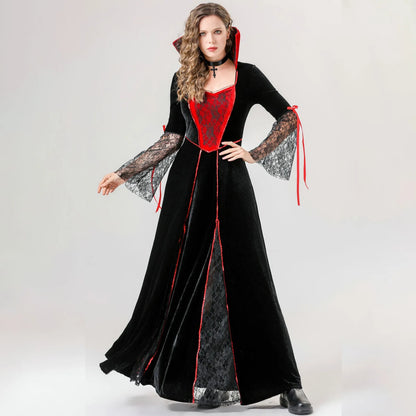 Women'S Halloween Costumes Red And Black Cos Vampire Long Dress Costume With Neck Ornaments Set Exquisite Mesh Patchwork Dresses