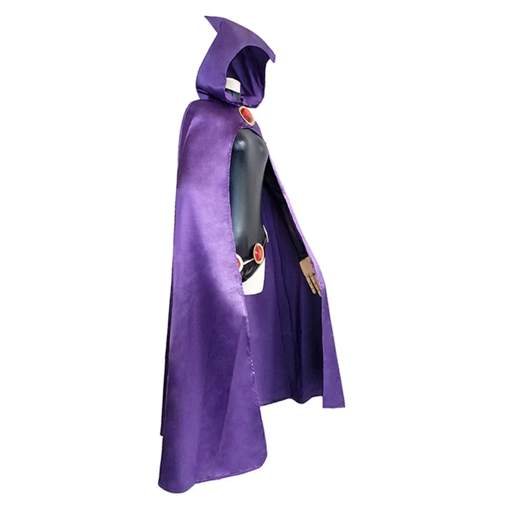 Teen Titans Super Hero Raven Cosplay Costume Women Leather Bodysuit Hooded Cloak Suit Sexy Jumpsuits Halloween Carnival Costume