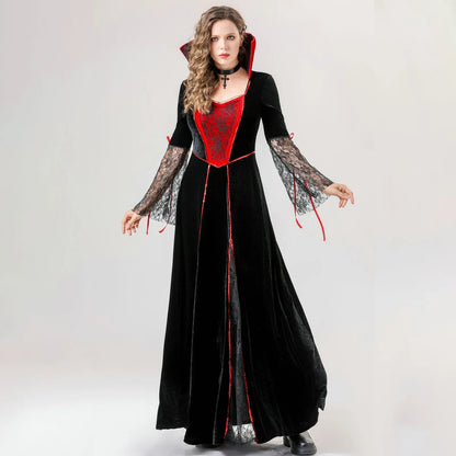 Women'S Halloween Costumes Red And Black Cos Vampire Long Dress Costume With Neck Ornaments Set Exquisite Mesh Patchwork Dresses