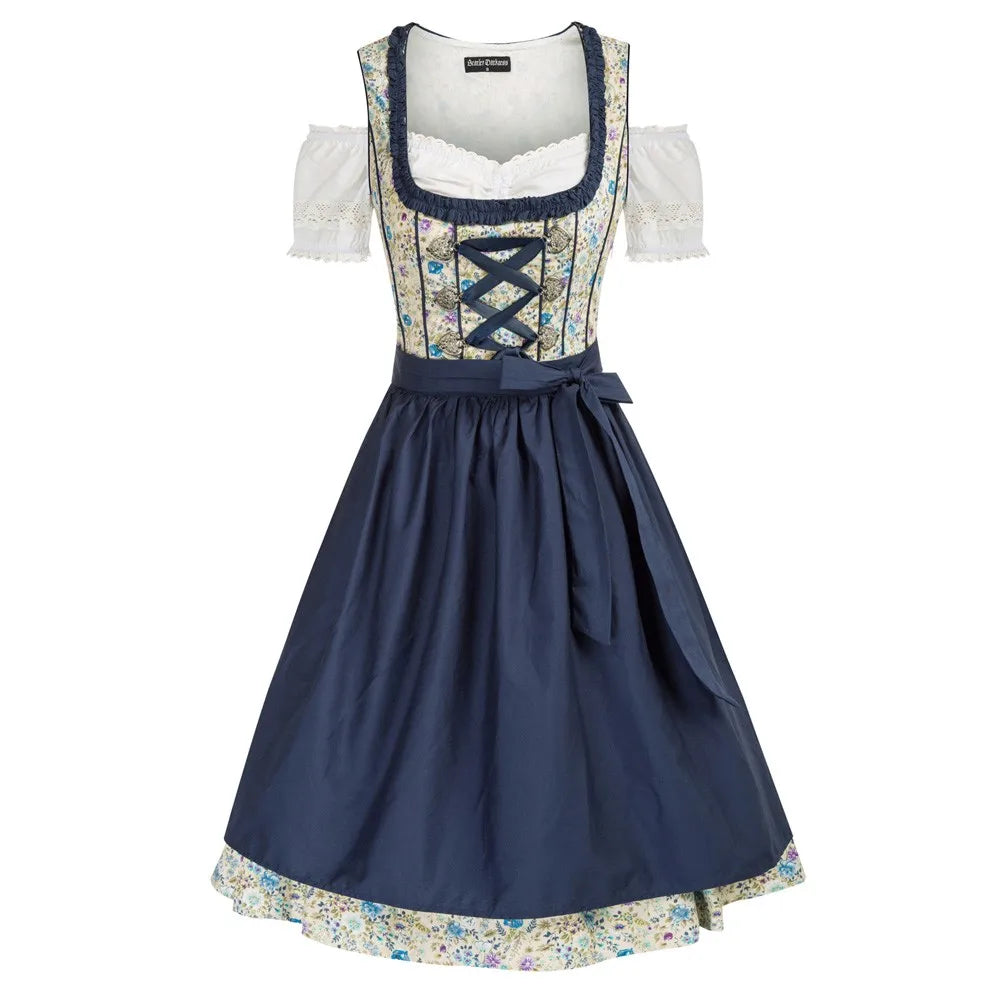 3pcs Set Tops+Cotton Dress+Apron Women German Bavarian Oktoberfest Costumes Ladies Vintage Beer Festival Floral Printing Dress