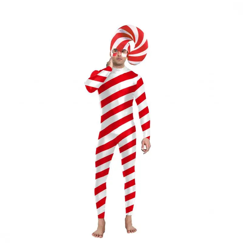 Color Cosplayer Candy Cane Jumpsuit Stripe Cosplay Costume Halloween Outfit Festival Bodysuit Christmas Party Zentai Suit