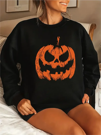 Women Halloween Pumpkin Print Long Sleeve Round Neck Pullover Plus Size Casual Sweatshirt